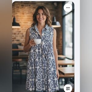 Blue and White Patterned Sleeveless Dress
